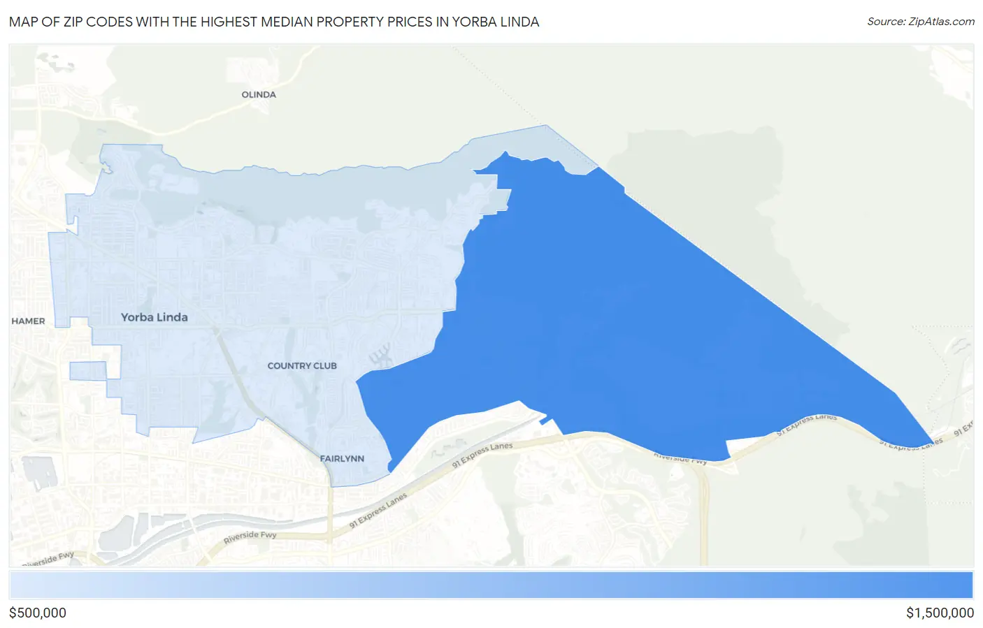 Zip Codes with the Highest Median Property Prices in Yorba Linda Map