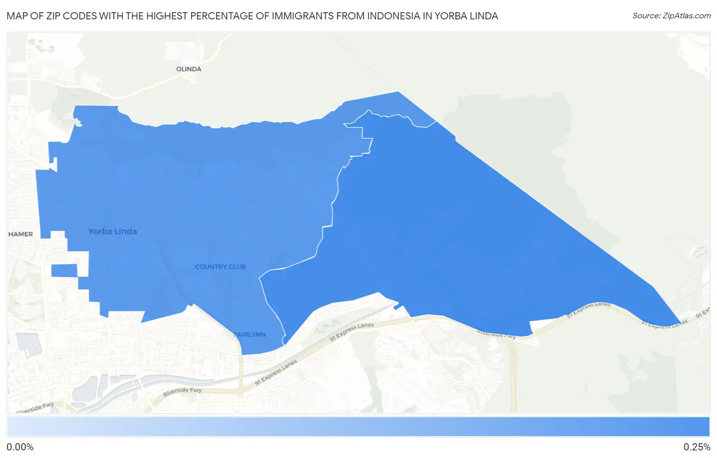 Zip Codes with the Highest Percentage of Immigrants from Indonesia in Yorba Linda Map