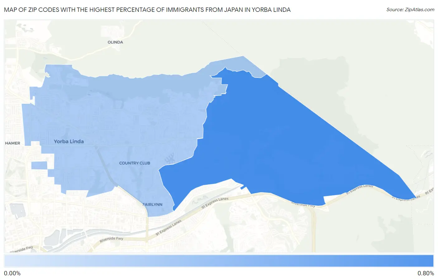 Zip Codes with the Highest Percentage of Immigrants from Japan in Yorba Linda Map