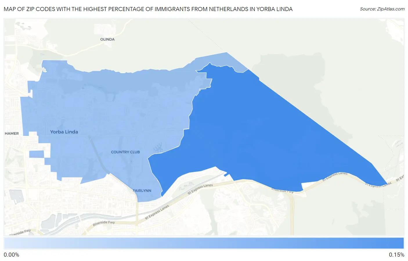 Zip Codes with the Highest Percentage of Immigrants from Netherlands in Yorba Linda Map