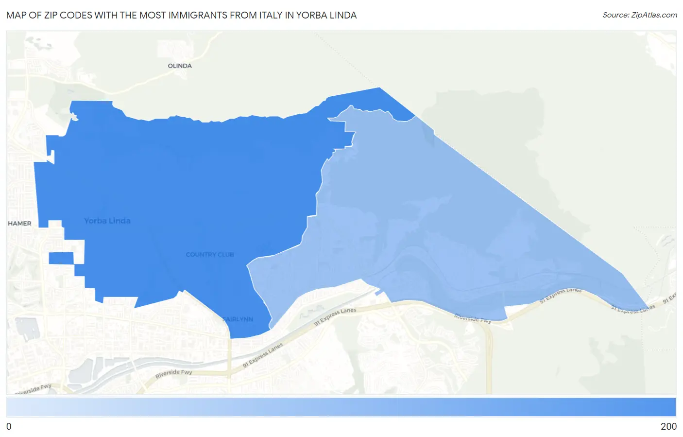 Zip Codes with the Most Immigrants from Italy in Yorba Linda Map