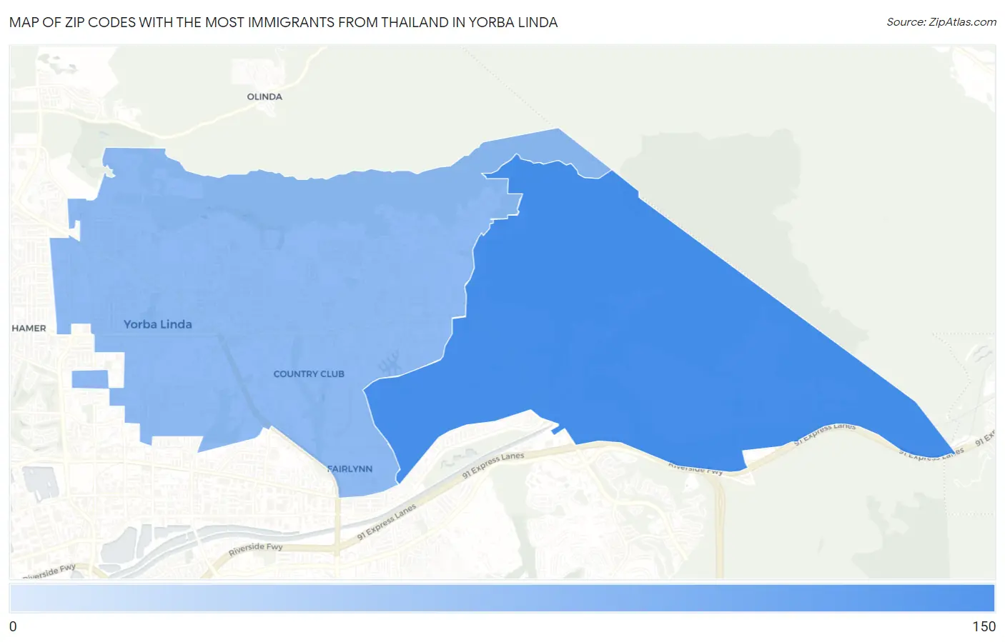 Zip Codes with the Most Immigrants from Thailand in Yorba Linda Map