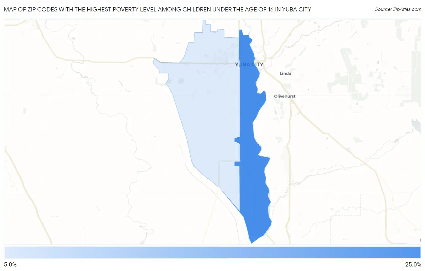 Zip Codes with the Highest Poverty Level Among Children Under the Age of 16 in Yuba City Map