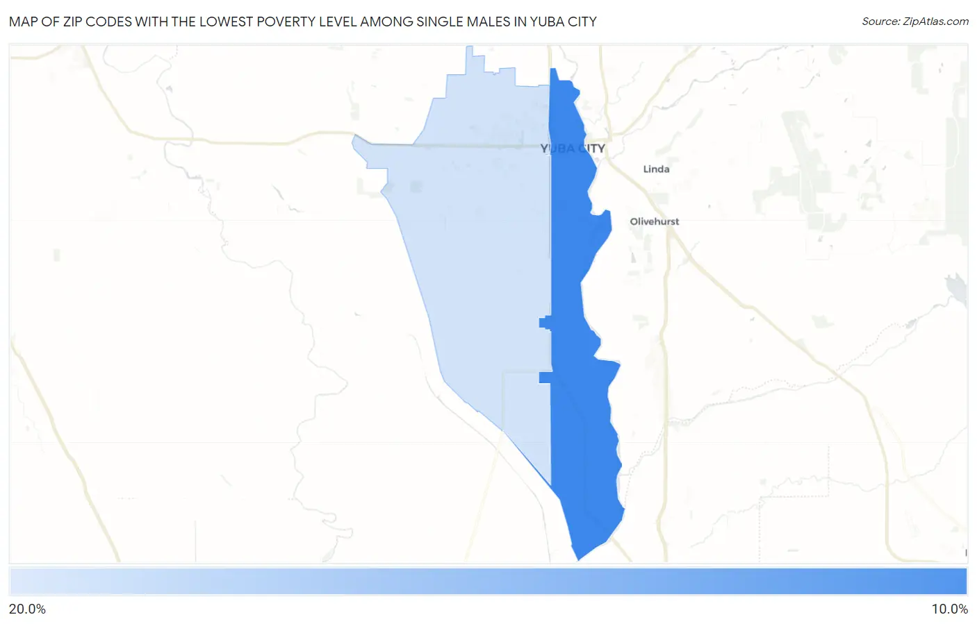 Zip Codes with the Lowest Poverty Level Among Single Males in Yuba City Map