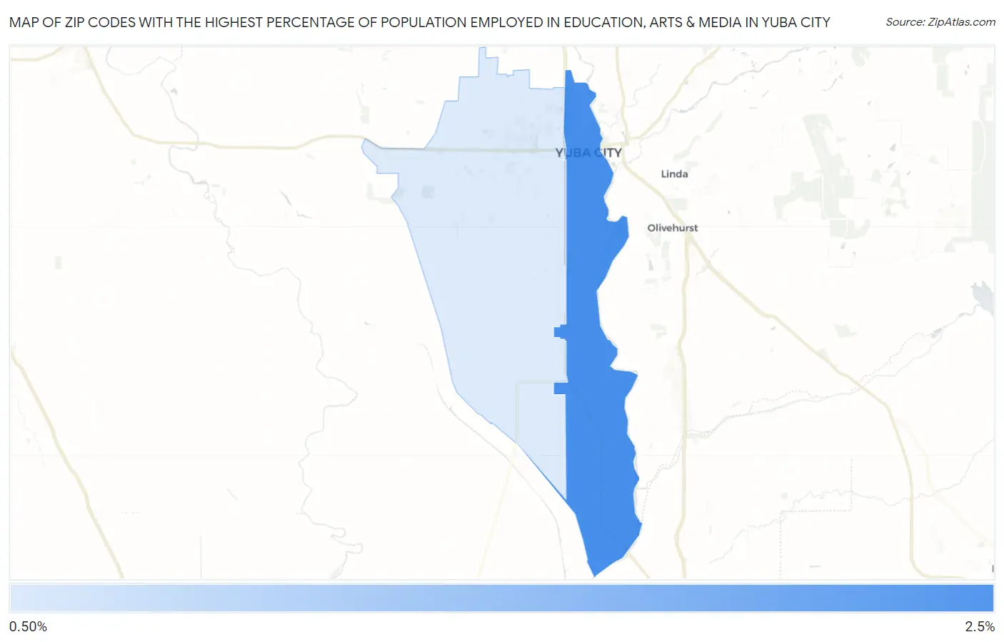 Zip Codes with the Highest Percentage of Population Employed in Education, Arts & Media in Yuba City Map
