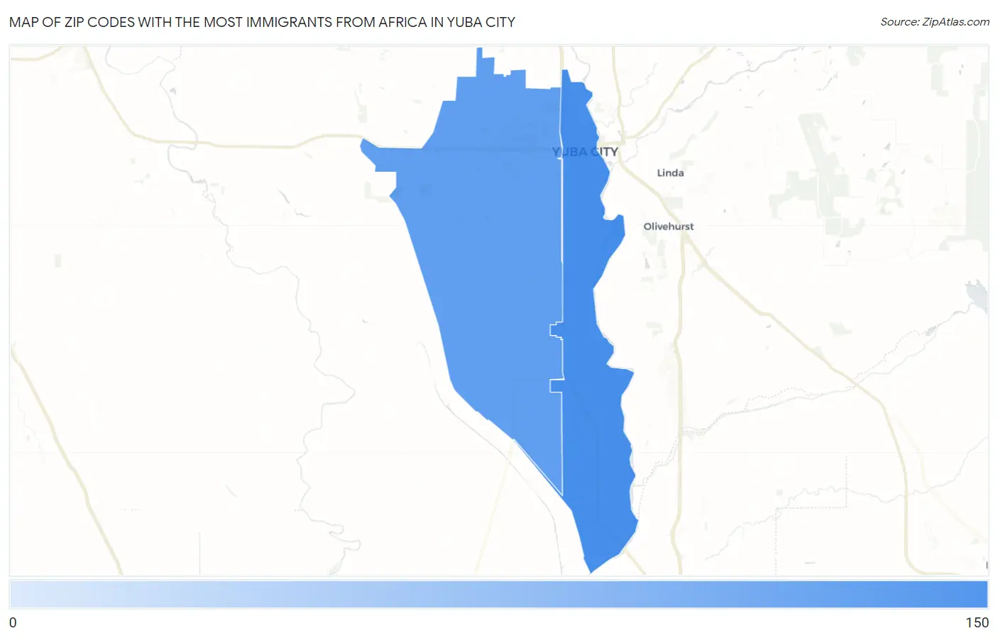 Zip Codes with the Most Immigrants from Africa in Yuba City Map