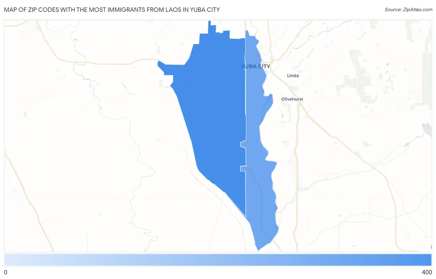 Zip Codes with the Most Immigrants from Laos in Yuba City Map