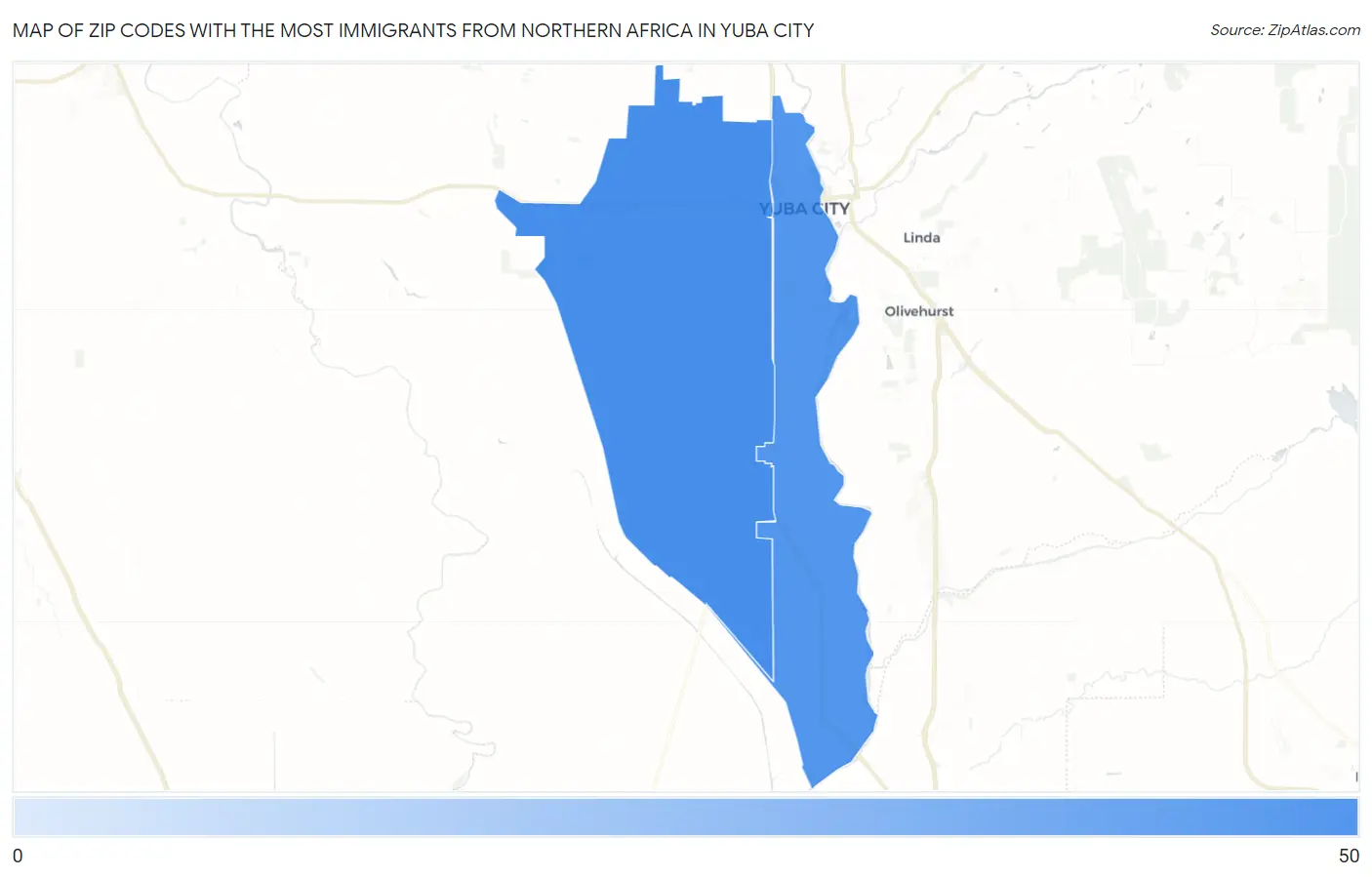 Zip Codes with the Most Immigrants from Northern Africa in Yuba City Map