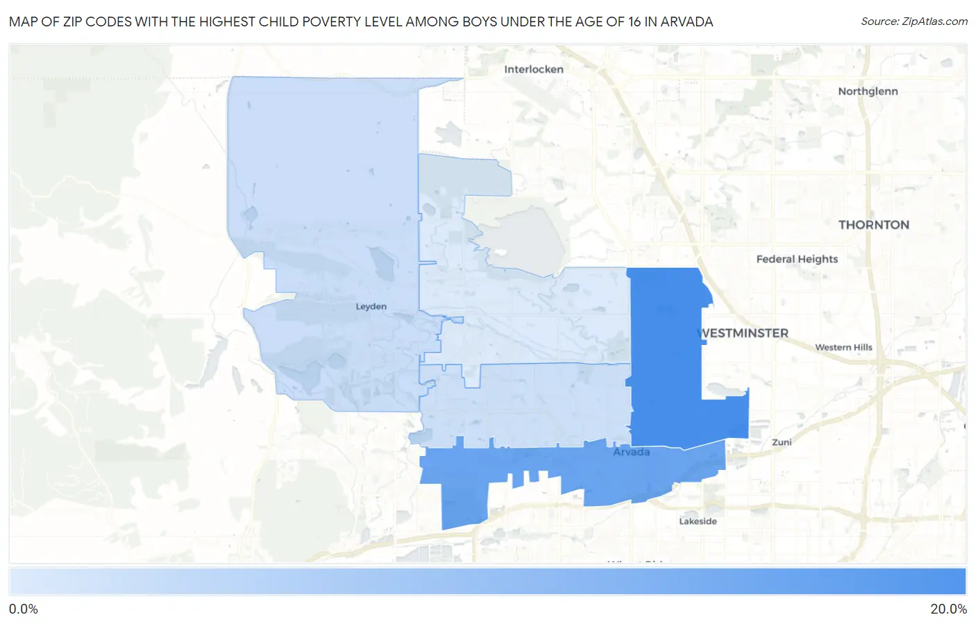 Zip Codes with the Highest Child Poverty Level Among Boys Under the Age of 16 in Arvada Map