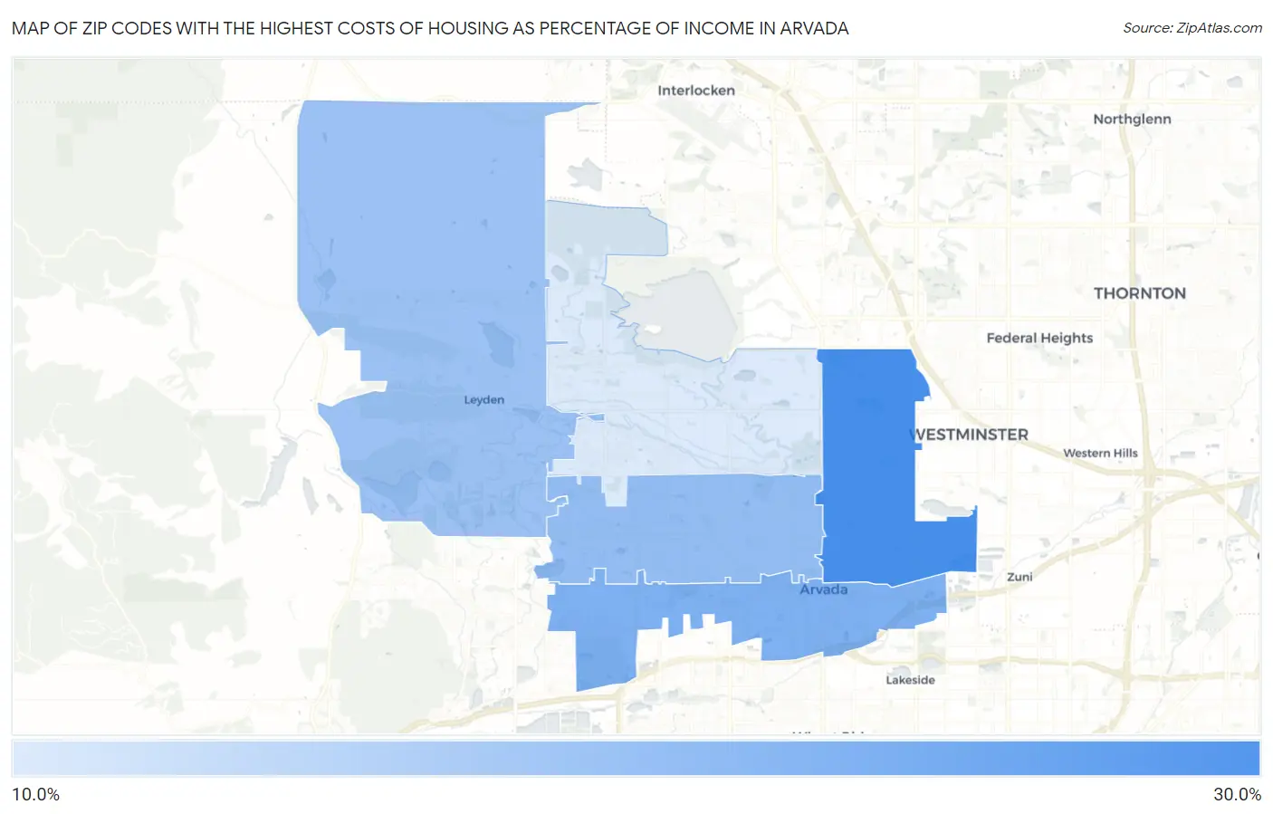 Zip Codes with the Highest Costs of Housing as Percentage of Income in Arvada Map