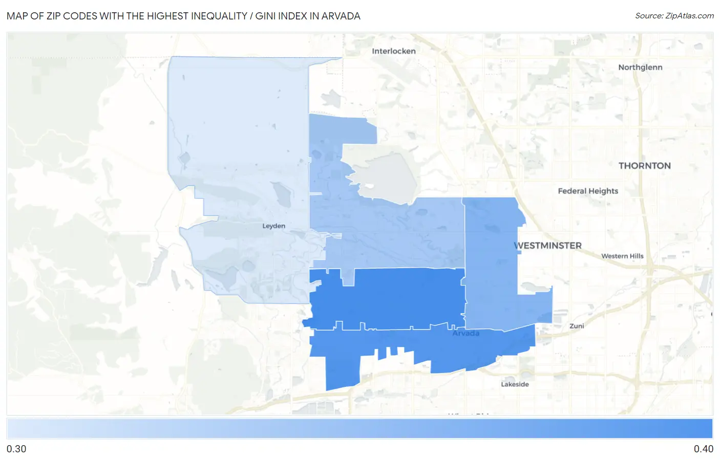 Zip Codes with the Highest Inequality / Gini Index in Arvada Map