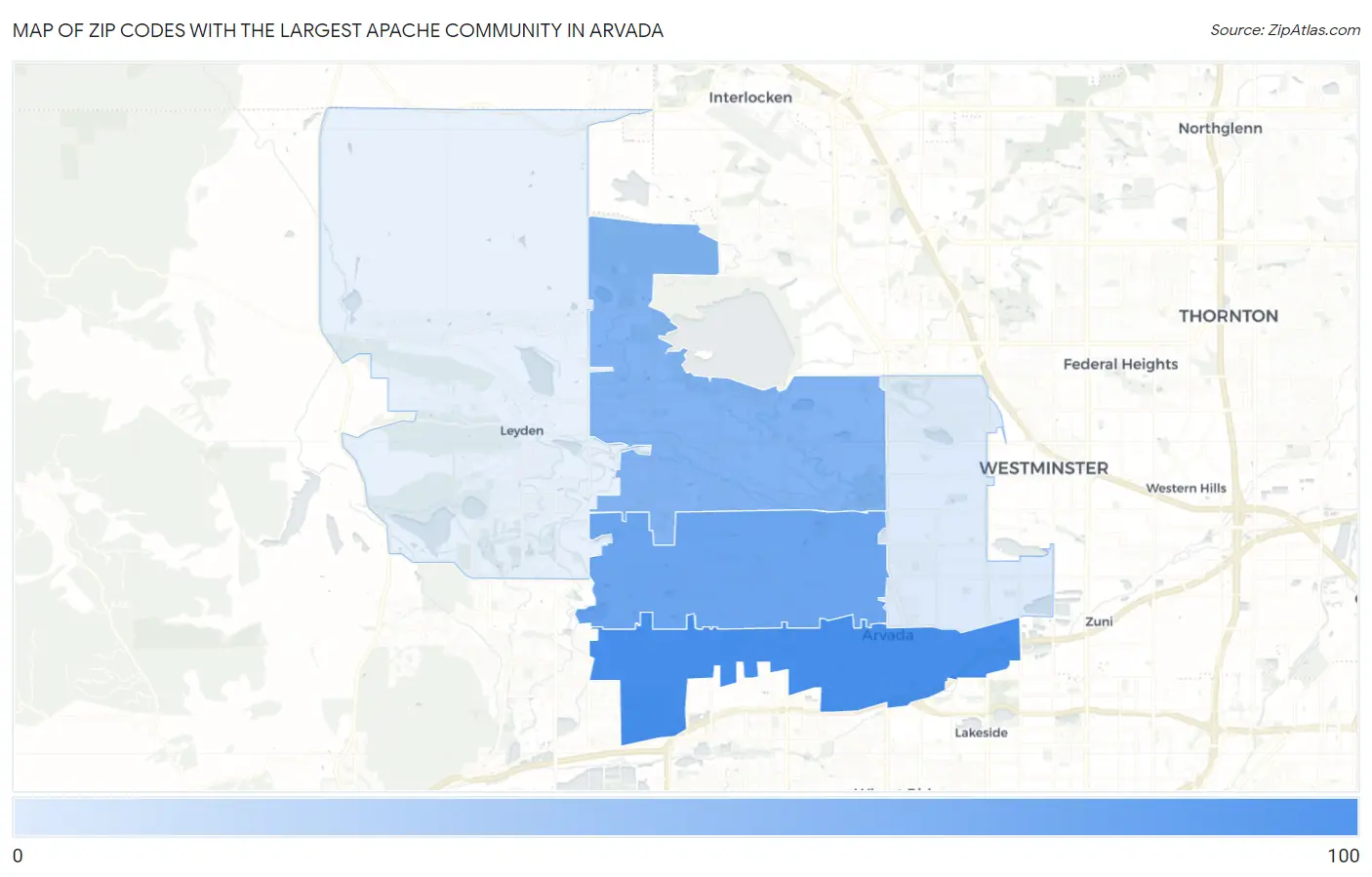 Zip Codes with the Largest Apache Community in Arvada Map