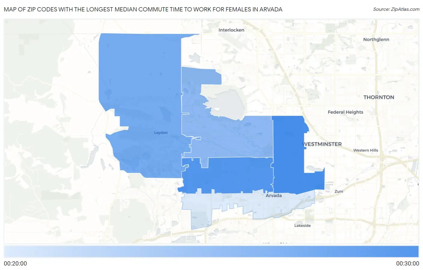 Zip Codes with the Longest Median Commute Time to Work for Females in Arvada Map