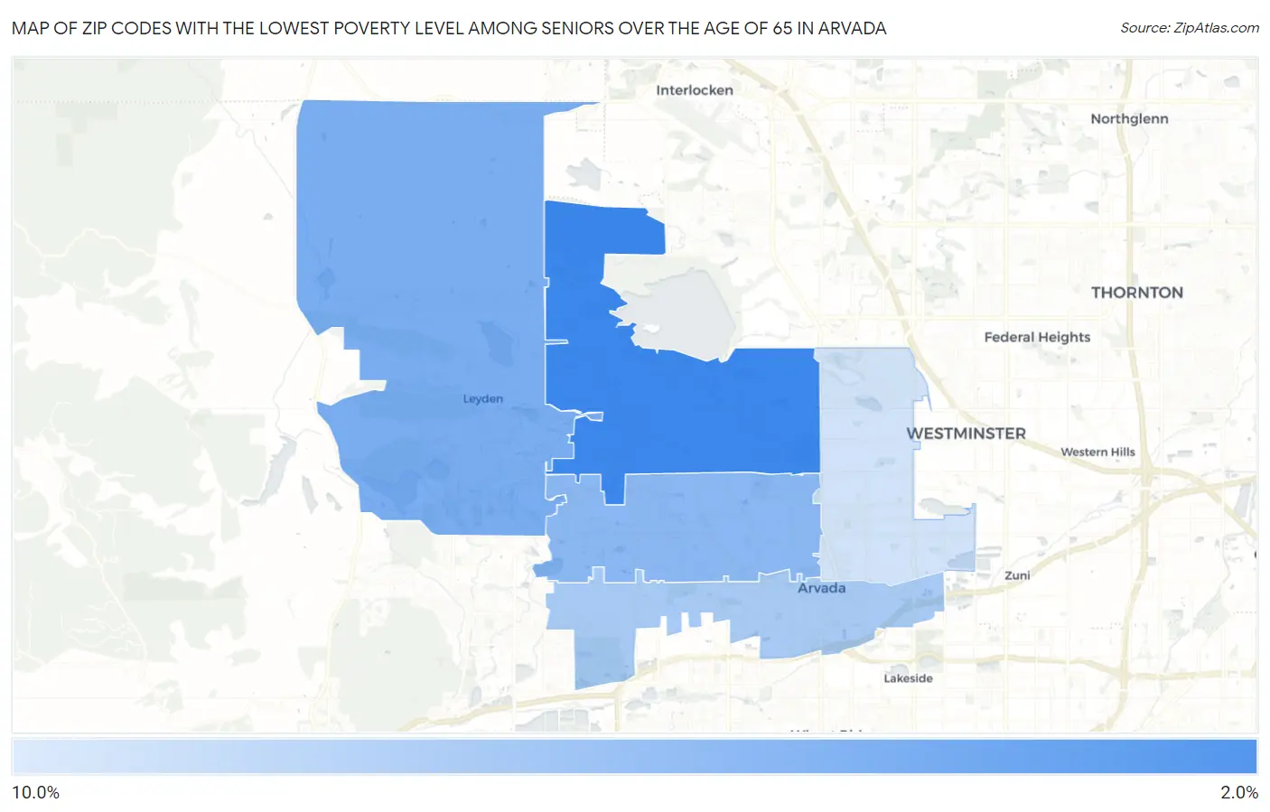 Zip Codes with the Lowest Poverty Level Among Seniors Over the Age of 65 in Arvada Map