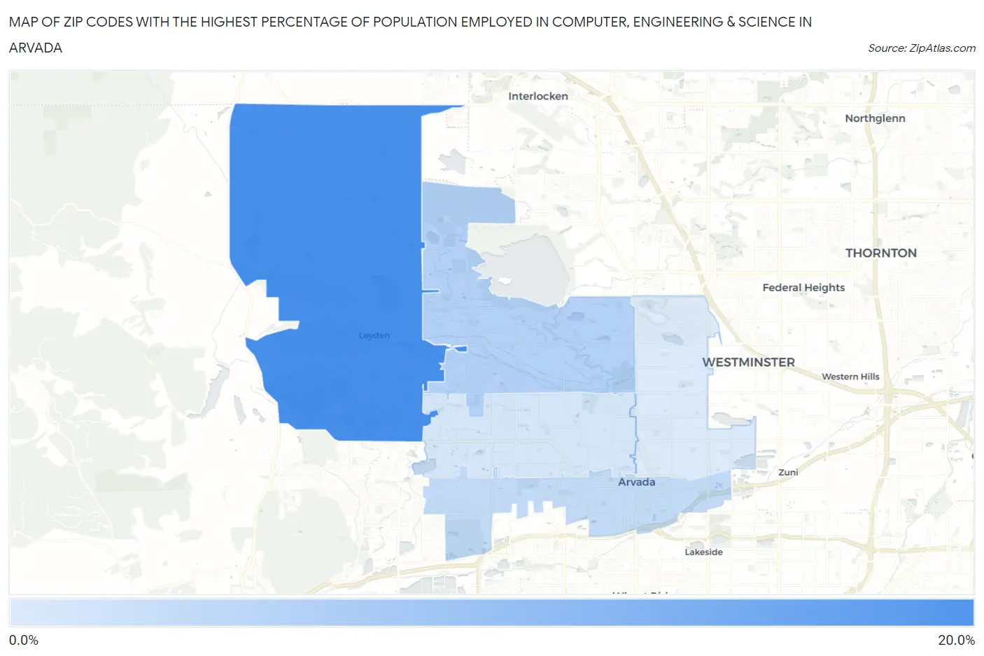 Zip Codes with the Highest Percentage of Population Employed in Computer, Engineering & Science in Arvada Map