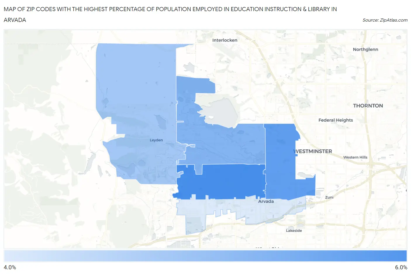 Zip Codes with the Highest Percentage of Population Employed in Education Instruction & Library in Arvada Map