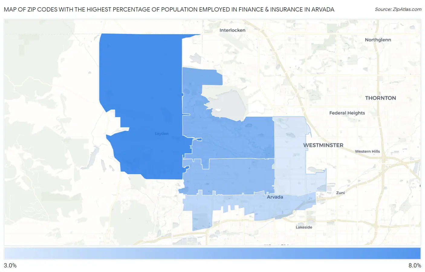 Zip Codes with the Highest Percentage of Population Employed in Finance & Insurance in Arvada Map