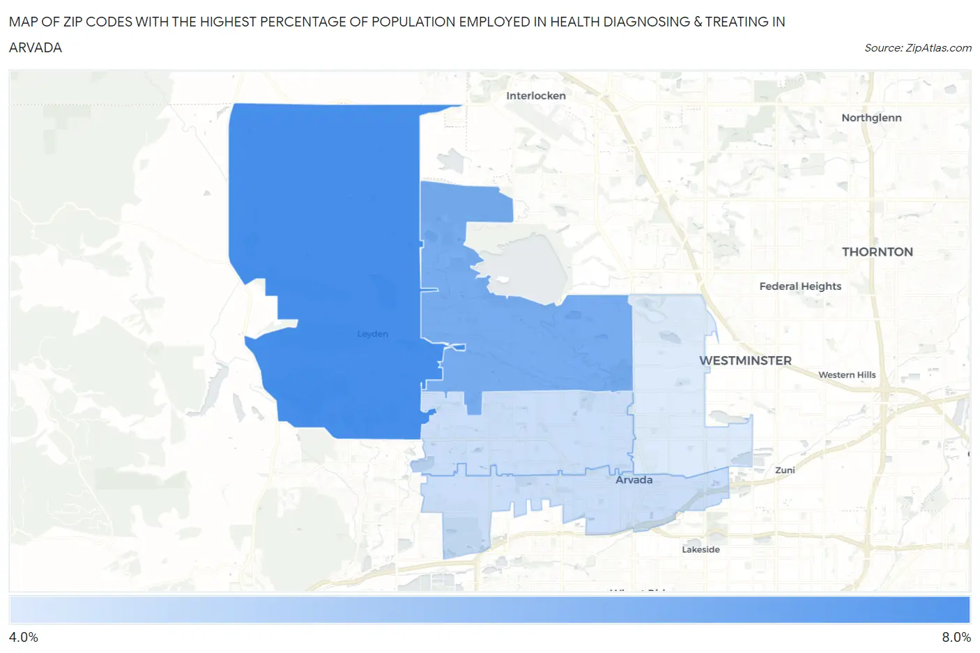 Zip Codes with the Highest Percentage of Population Employed in Health Diagnosing & Treating in Arvada Map
