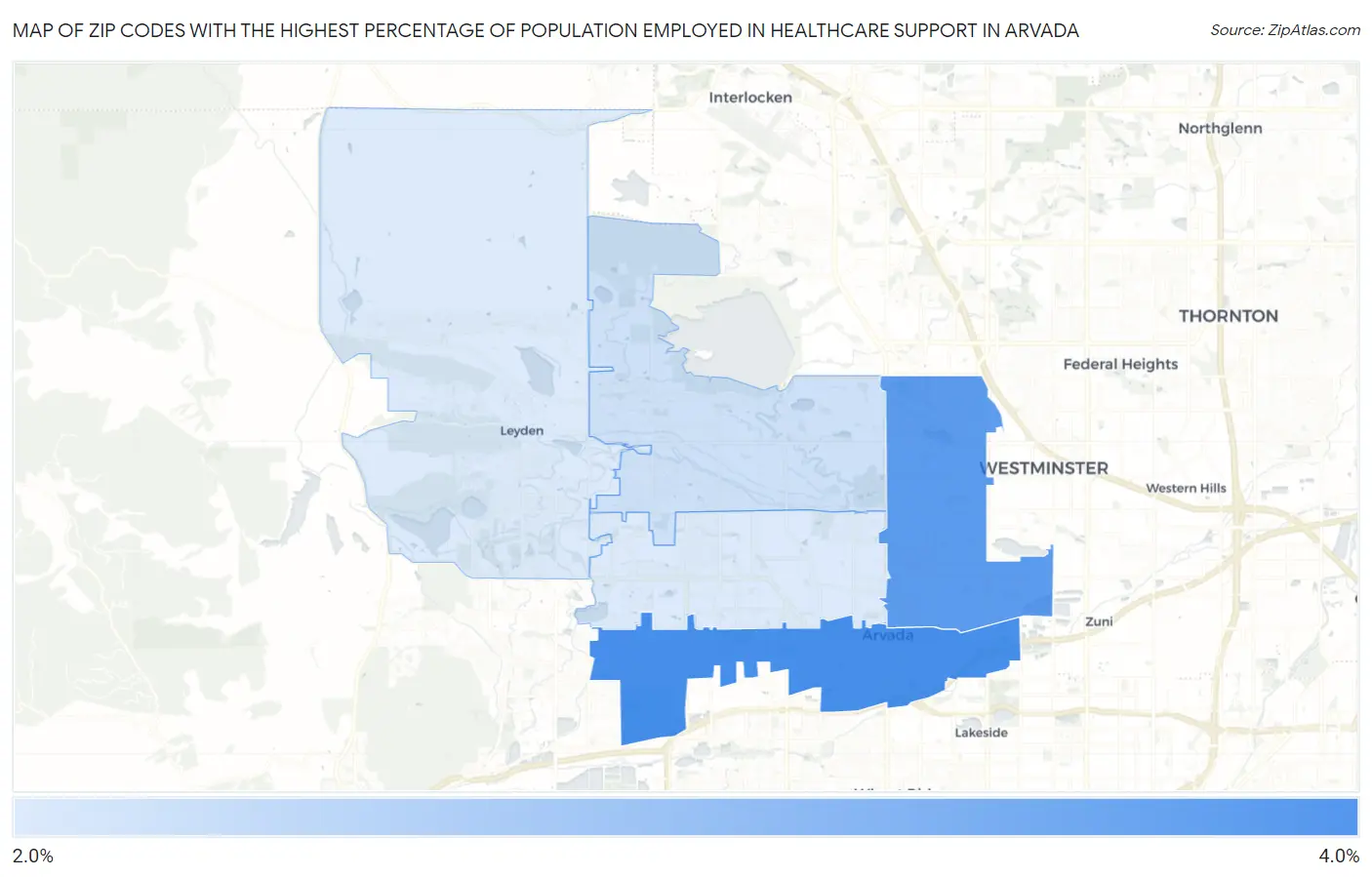 Zip Codes with the Highest Percentage of Population Employed in Healthcare Support in Arvada Map