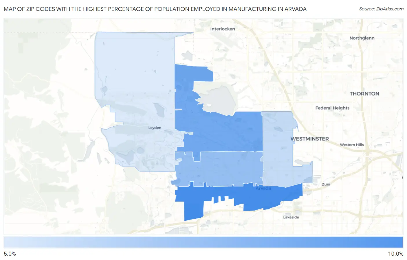 Zip Codes with the Highest Percentage of Population Employed in Manufacturing in Arvada Map