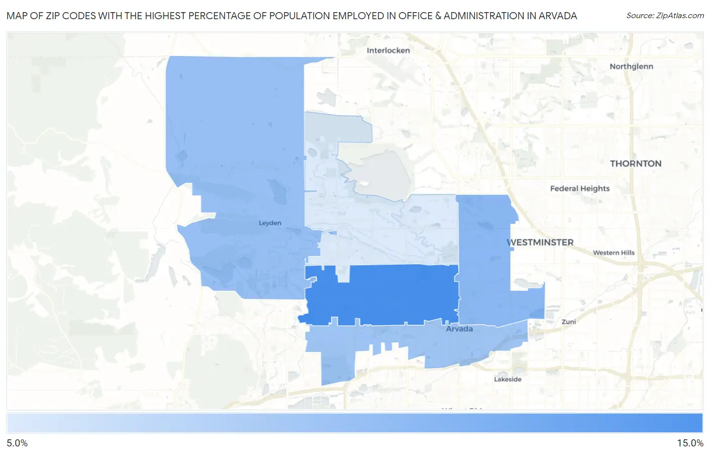Zip Codes with the Highest Percentage of Population Employed in Office & Administration in Arvada Map