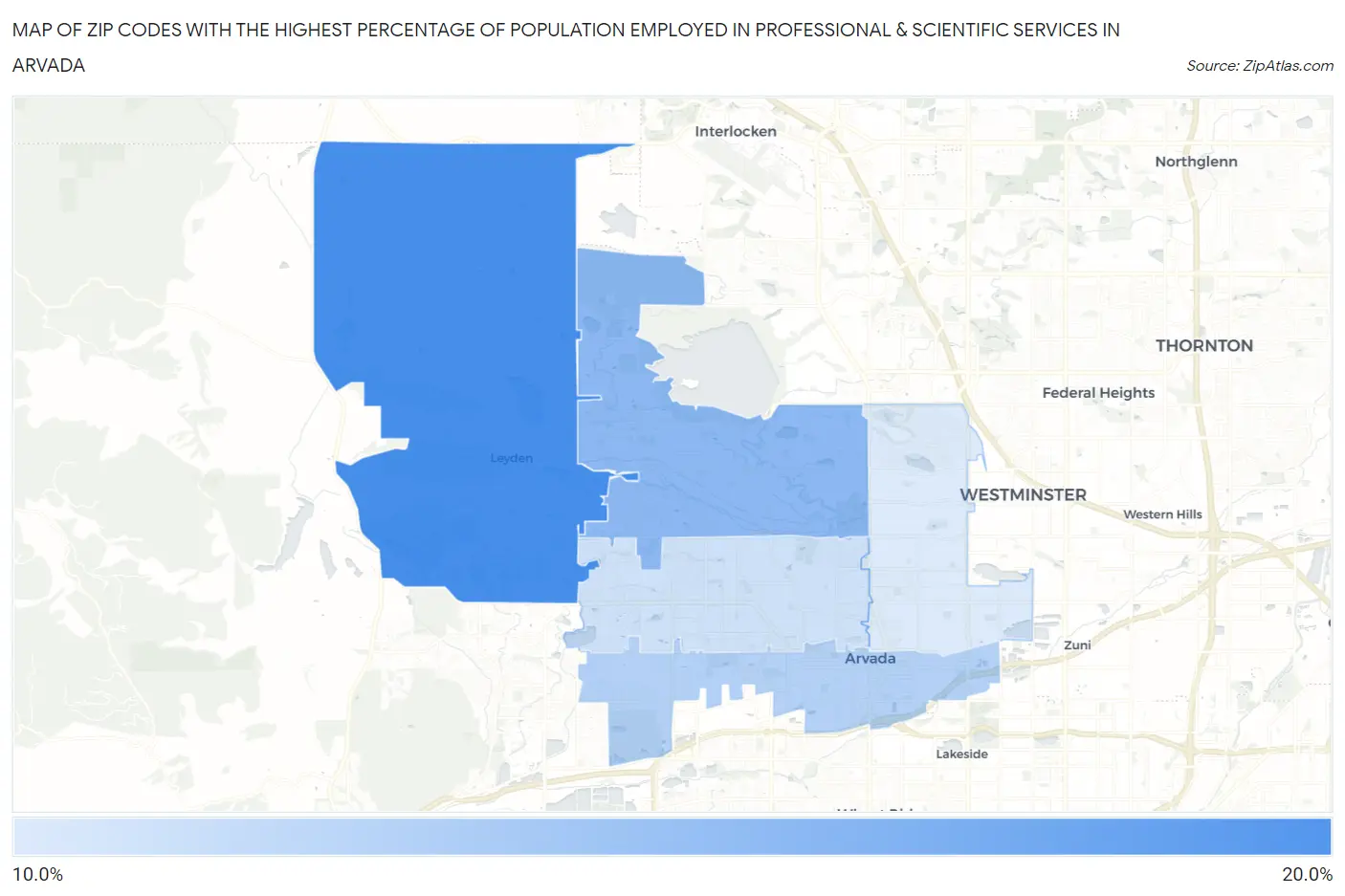 Zip Codes with the Highest Percentage of Population Employed in Professional & Scientific Services in Arvada Map