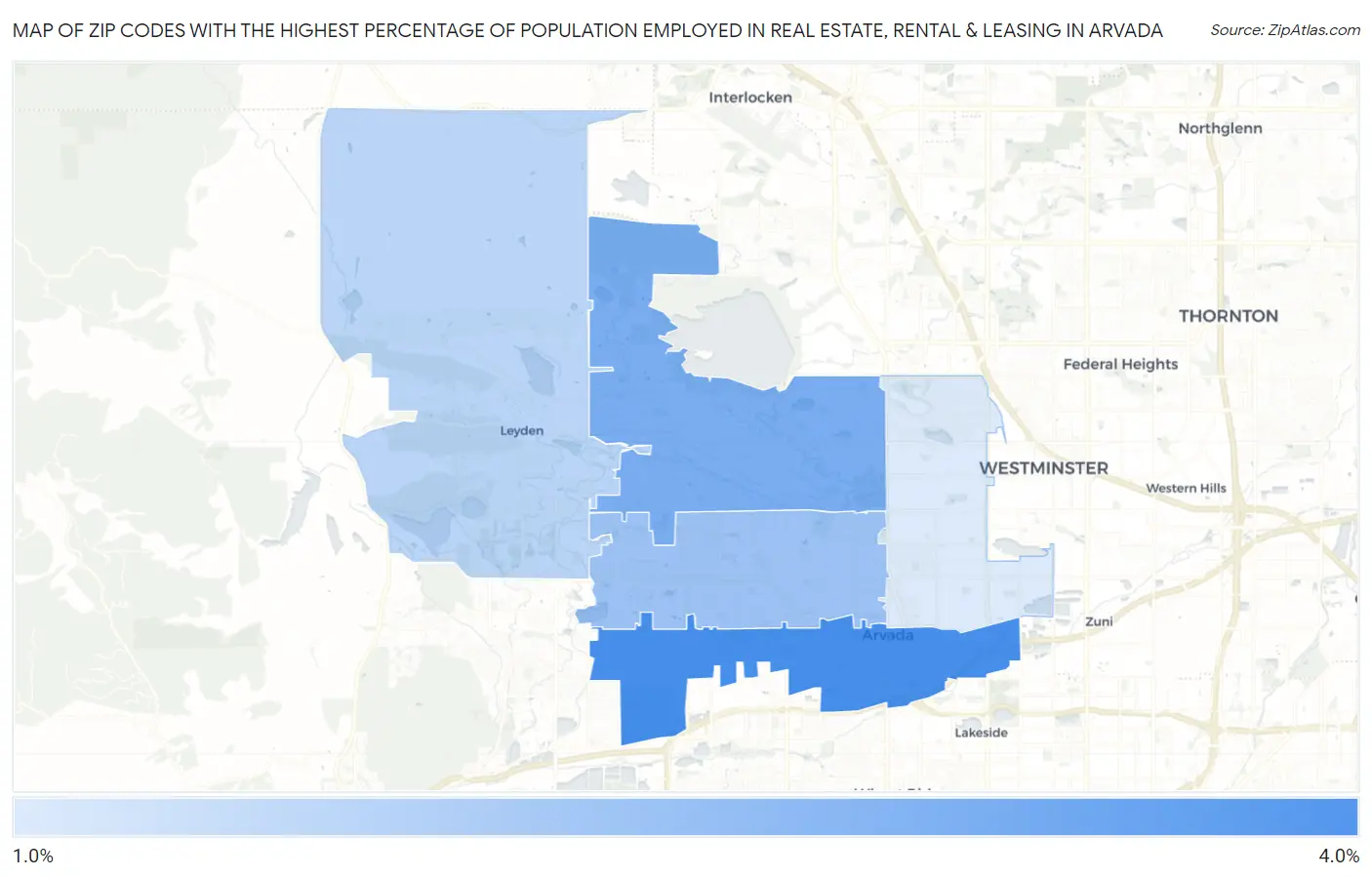 Zip Codes with the Highest Percentage of Population Employed in Real Estate, Rental & Leasing in Arvada Map