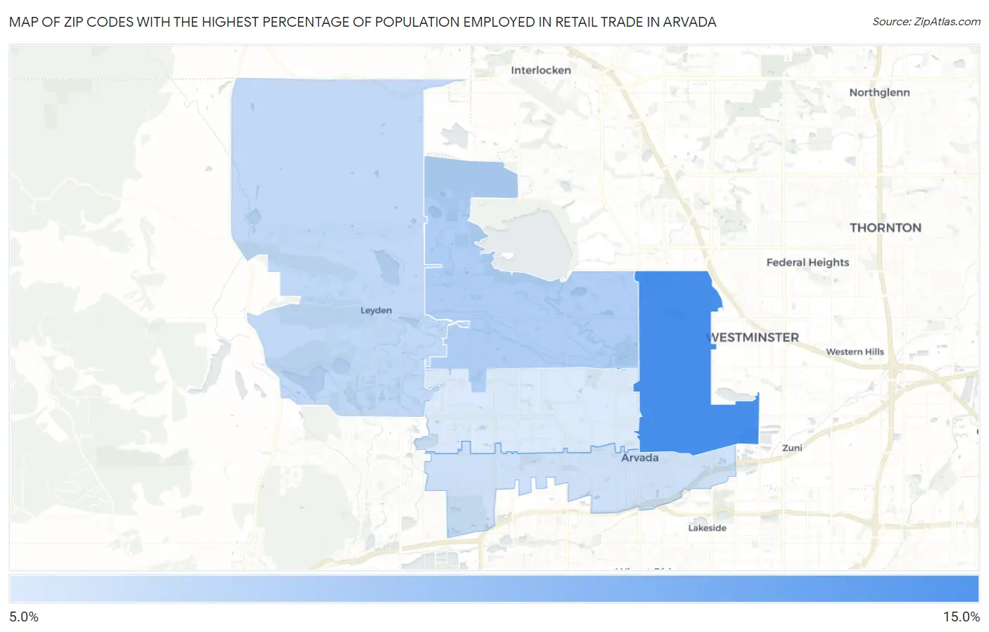 Zip Codes with the Highest Percentage of Population Employed in Retail Trade in Arvada Map