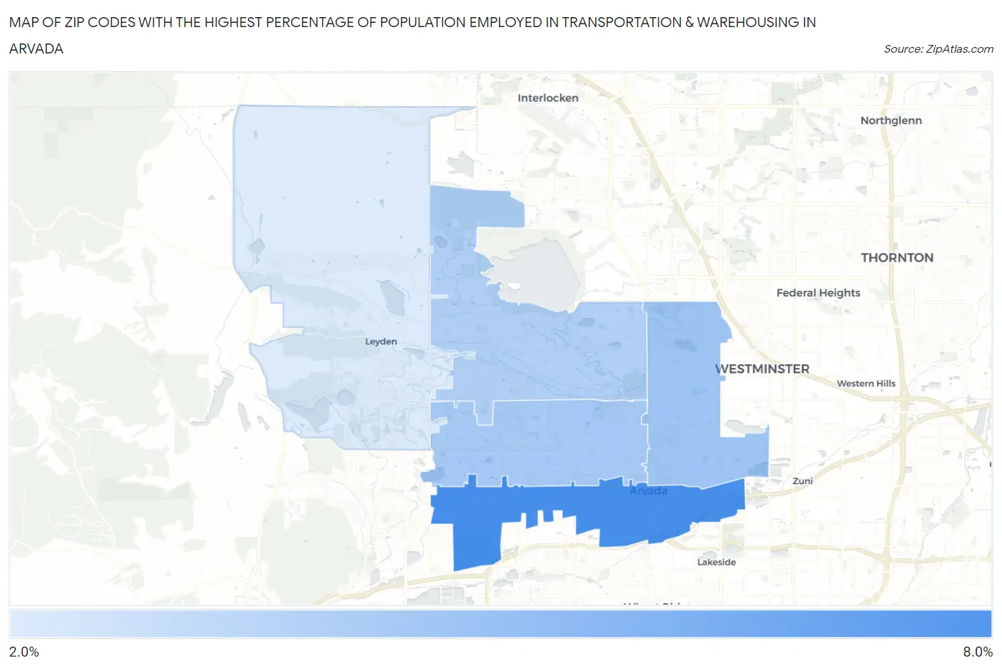 Zip Codes with the Highest Percentage of Population Employed in Transportation & Warehousing in Arvada Map