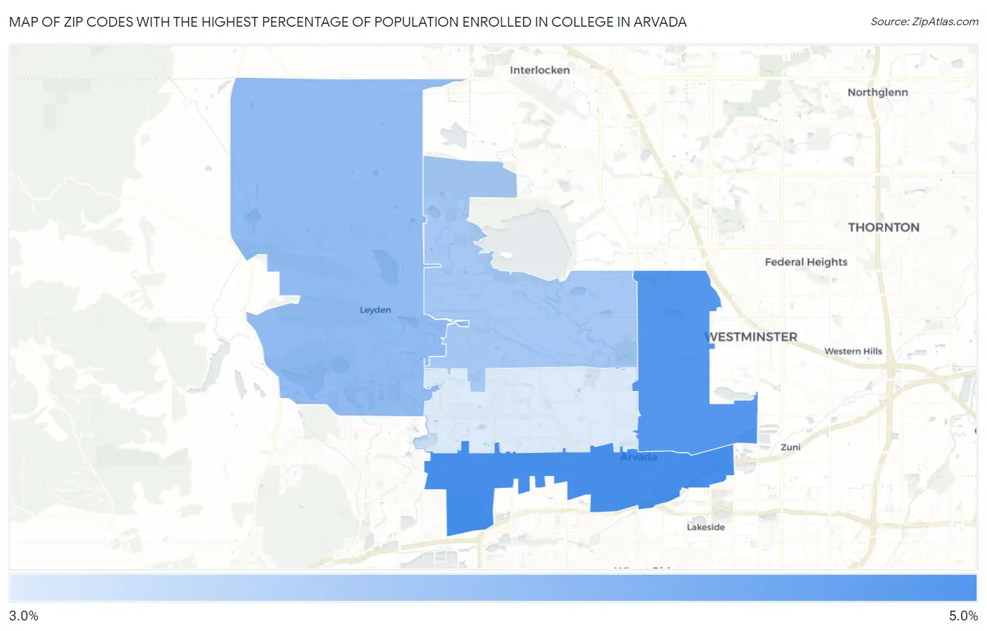 Zip Codes with the Highest Percentage of Population Enrolled in College in Arvada Map