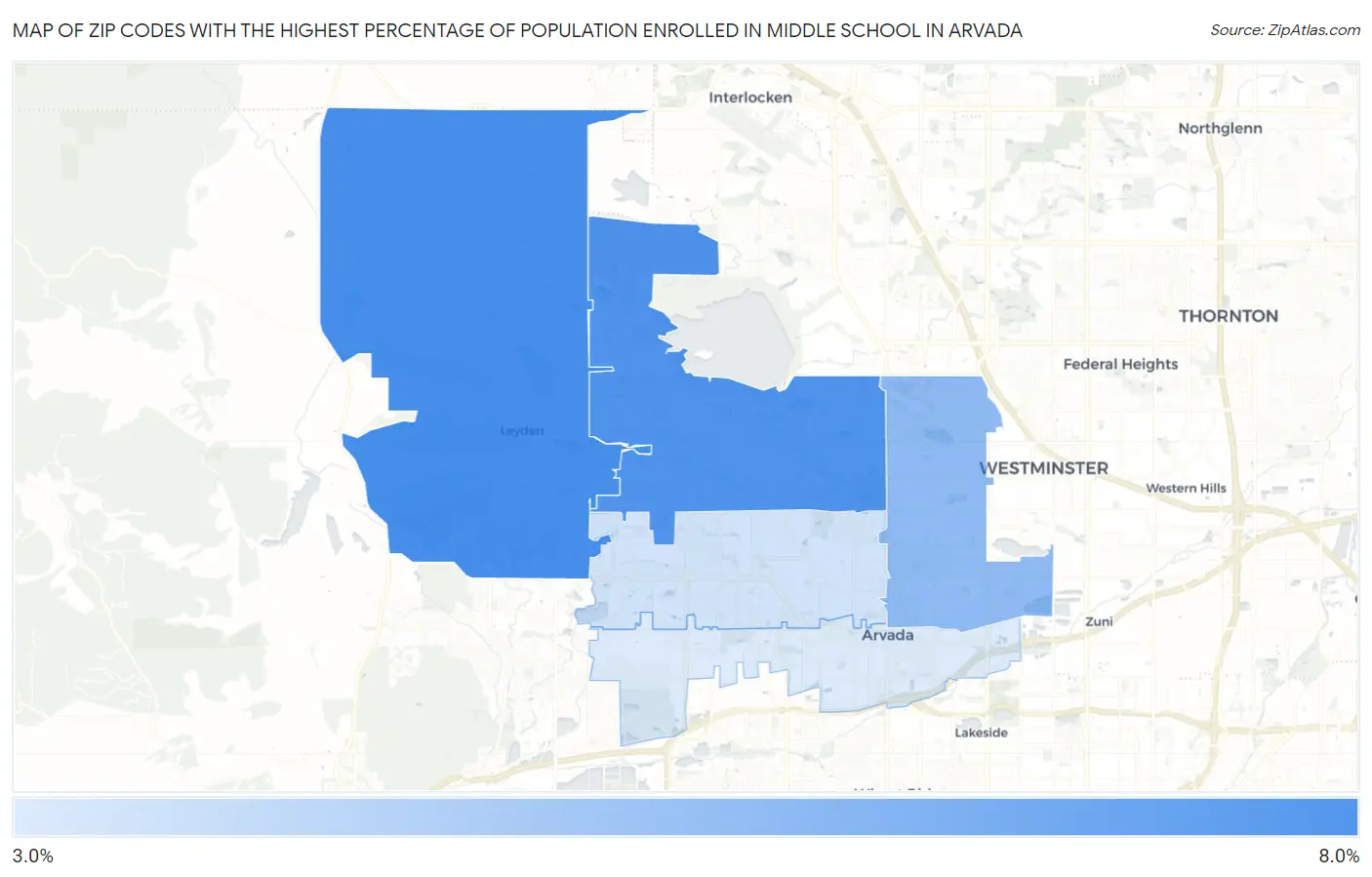 Zip Codes with the Highest Percentage of Population Enrolled in Middle School in Arvada Map