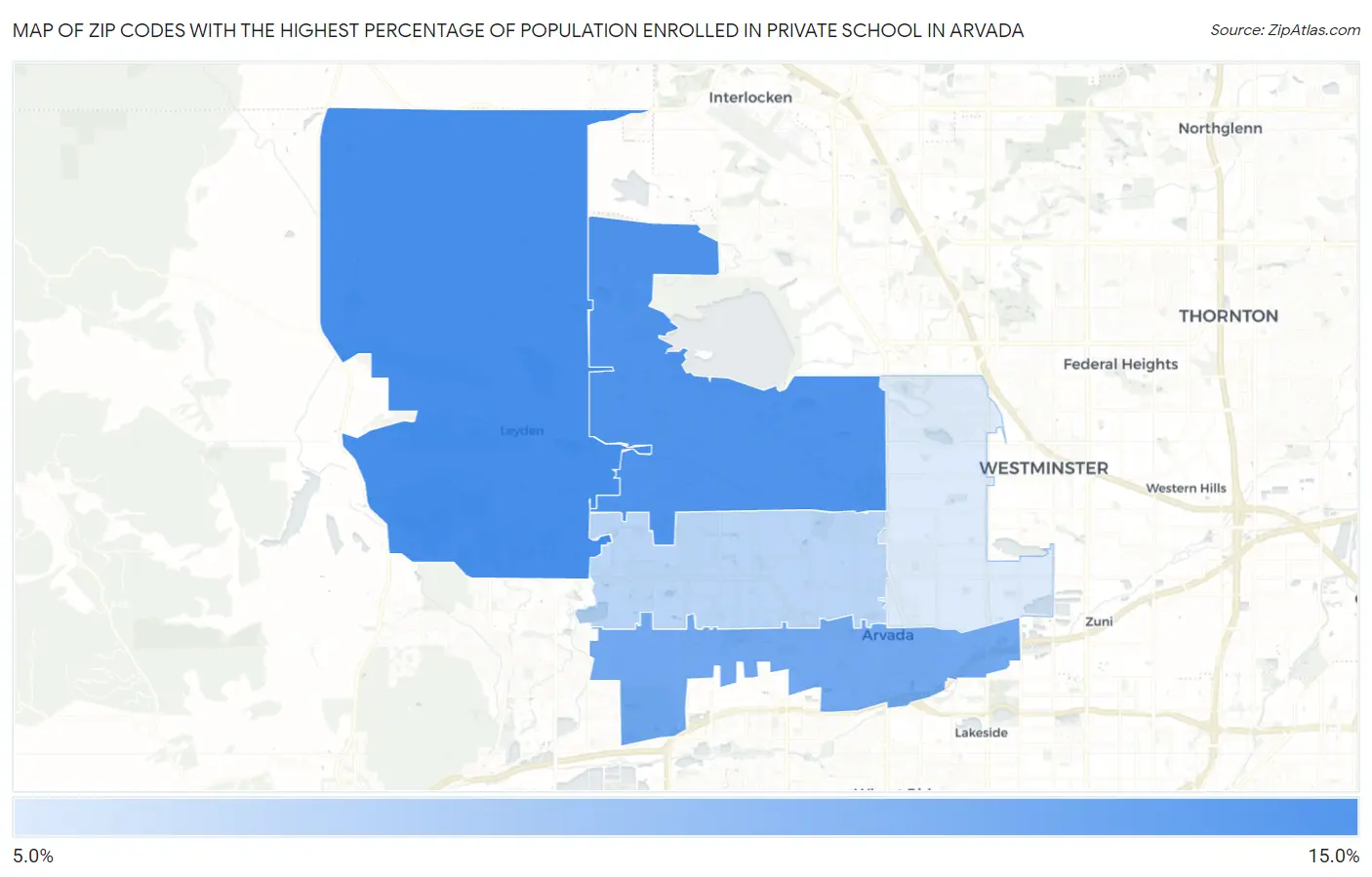 Zip Codes with the Highest Percentage of Population Enrolled in Private School in Arvada Map