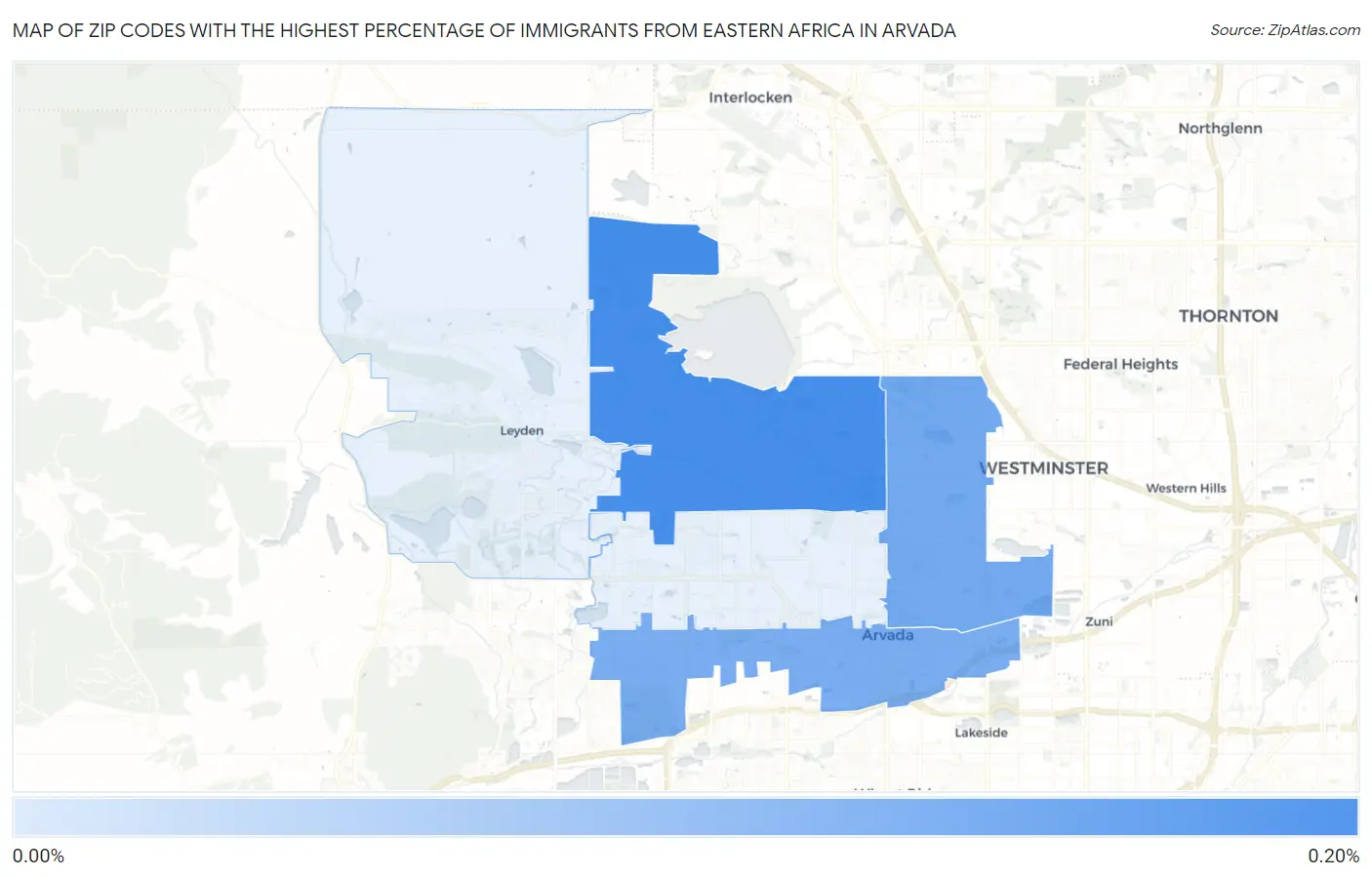 Zip Codes with the Highest Percentage of Immigrants from Eastern Africa in Arvada Map