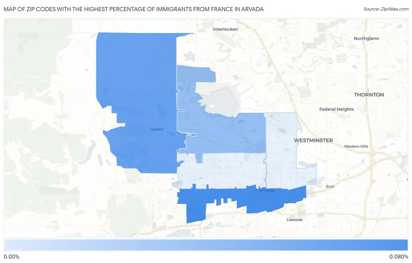 Zip Codes with the Highest Percentage of Immigrants from France in Arvada Map