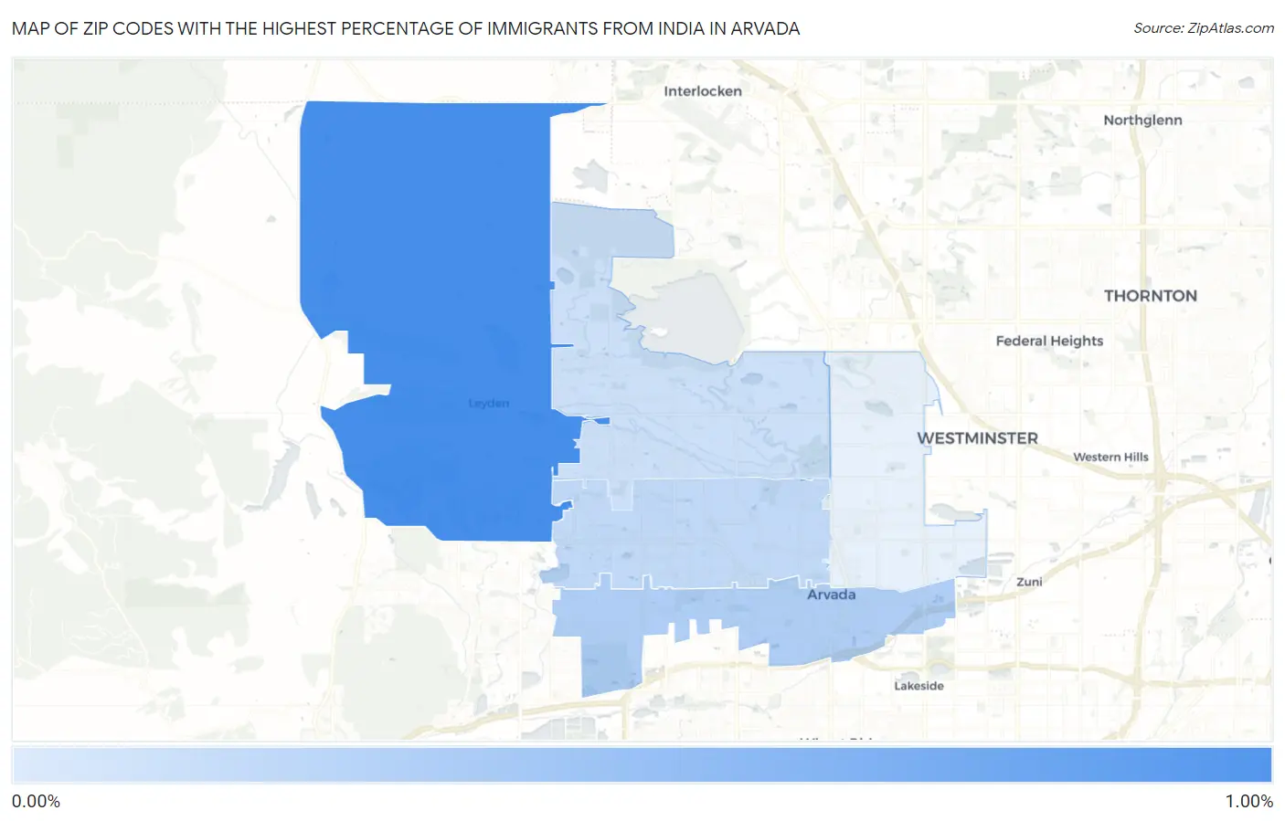 Zip Codes with the Highest Percentage of Immigrants from India in Arvada Map