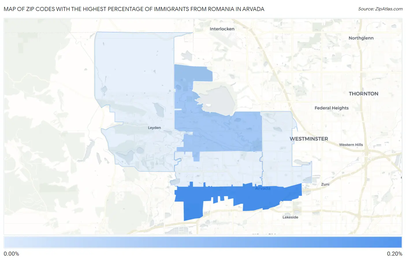 Zip Codes with the Highest Percentage of Immigrants from Romania in Arvada Map