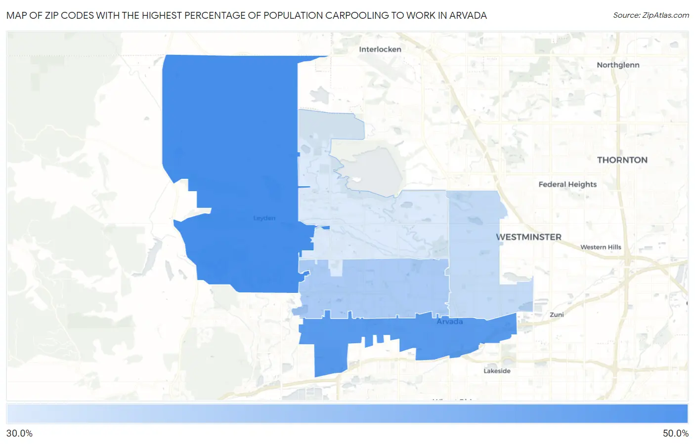 Zip Codes with the Highest Percentage of Population Carpooling to Work in Arvada Map