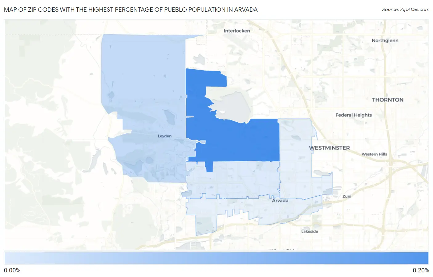 Zip Codes with the Highest Percentage of Pueblo Population in Arvada Map