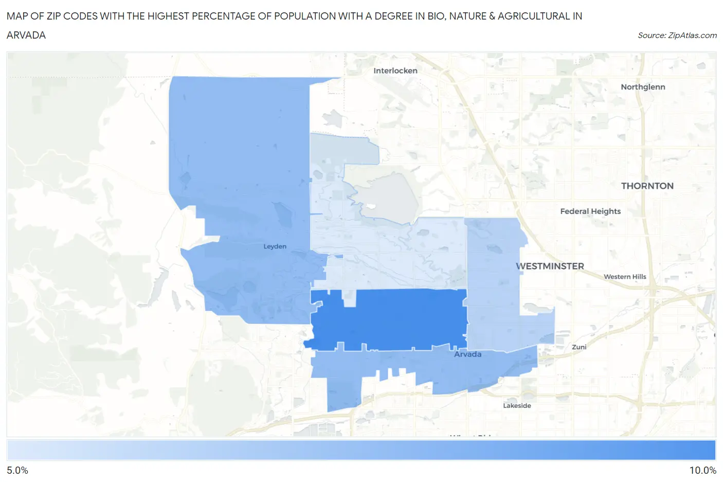 Zip Codes with the Highest Percentage of Population with a Degree in Bio, Nature & Agricultural in Arvada Map