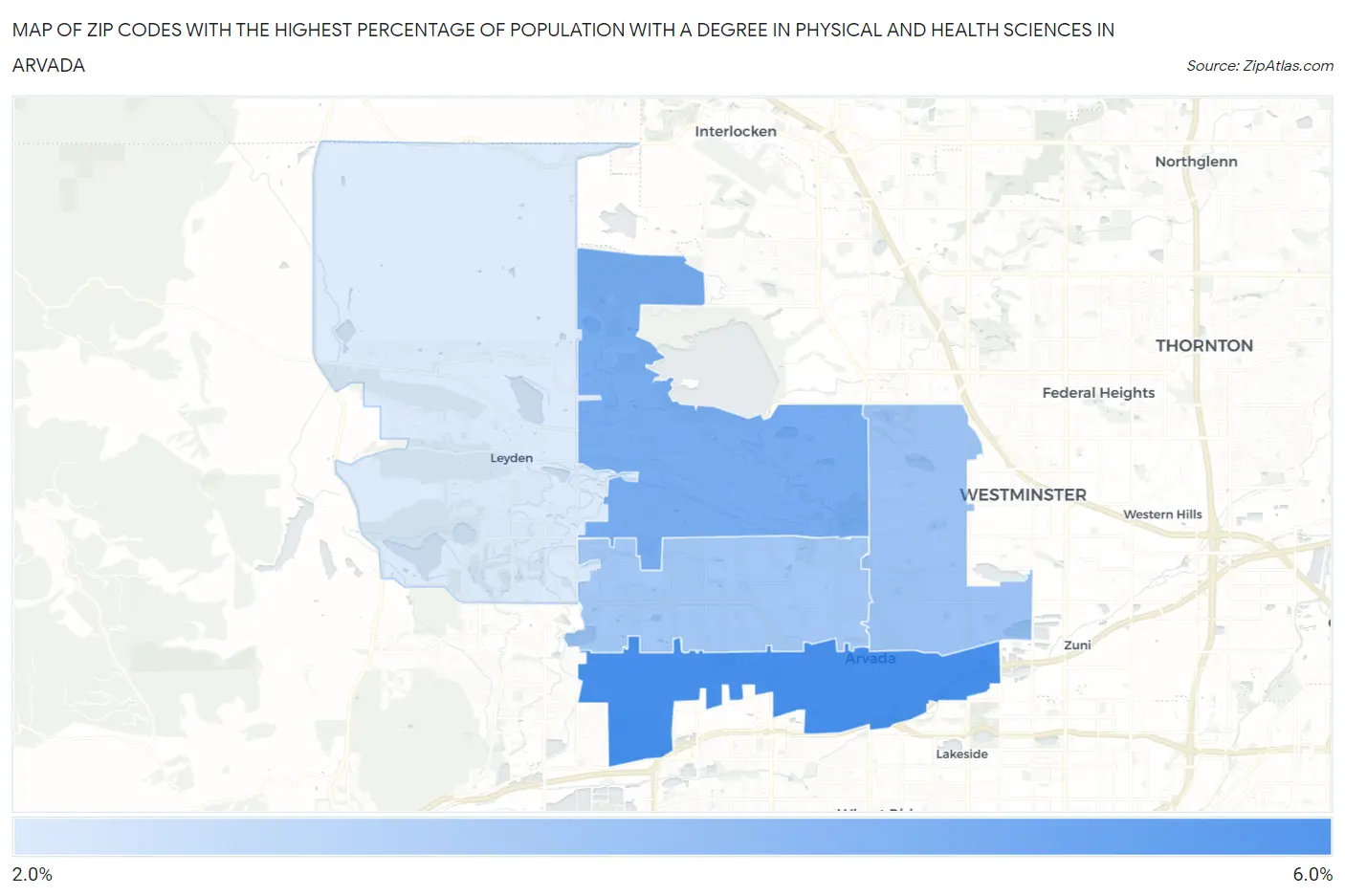 Zip Codes with the Highest Percentage of Population with a Degree in Physical and Health Sciences in Arvada Map