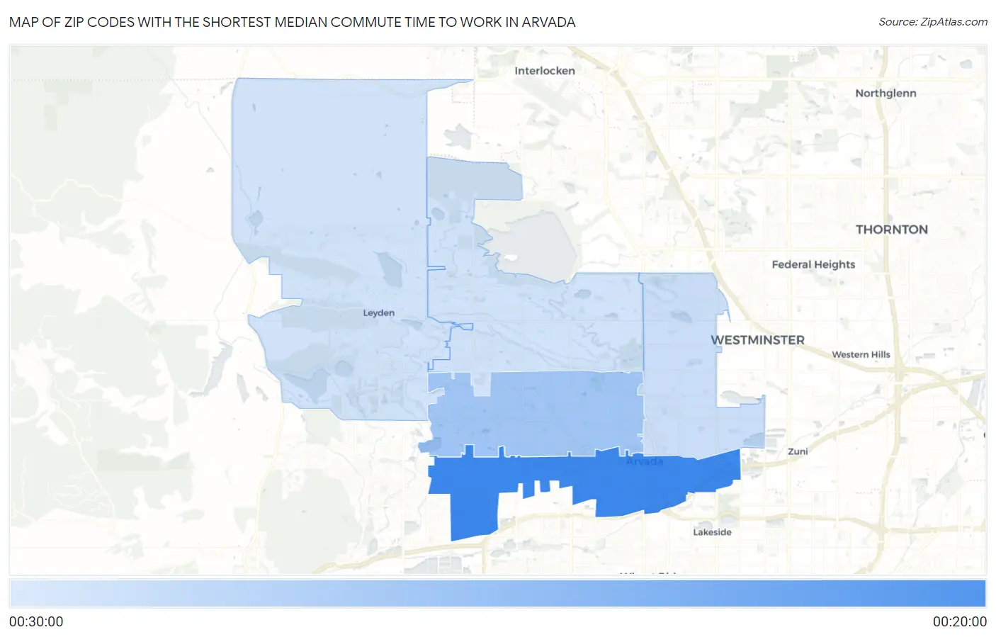 Zip Codes with the Shortest Median Commute Time to Work in Arvada Map