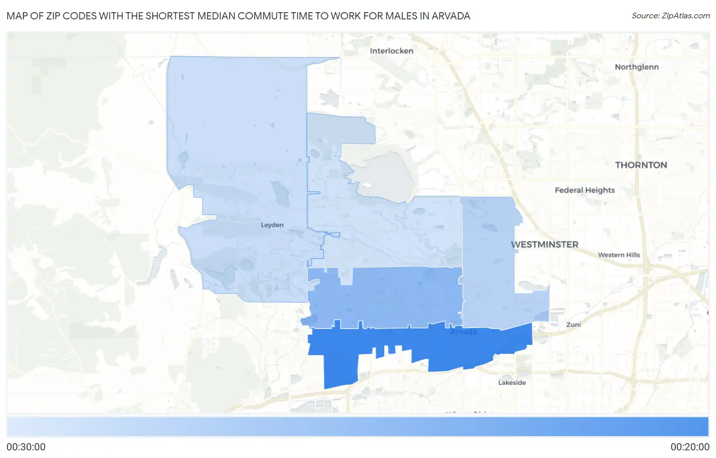 Zip Codes with the Shortest Median Commute Time to Work for Males in Arvada Map