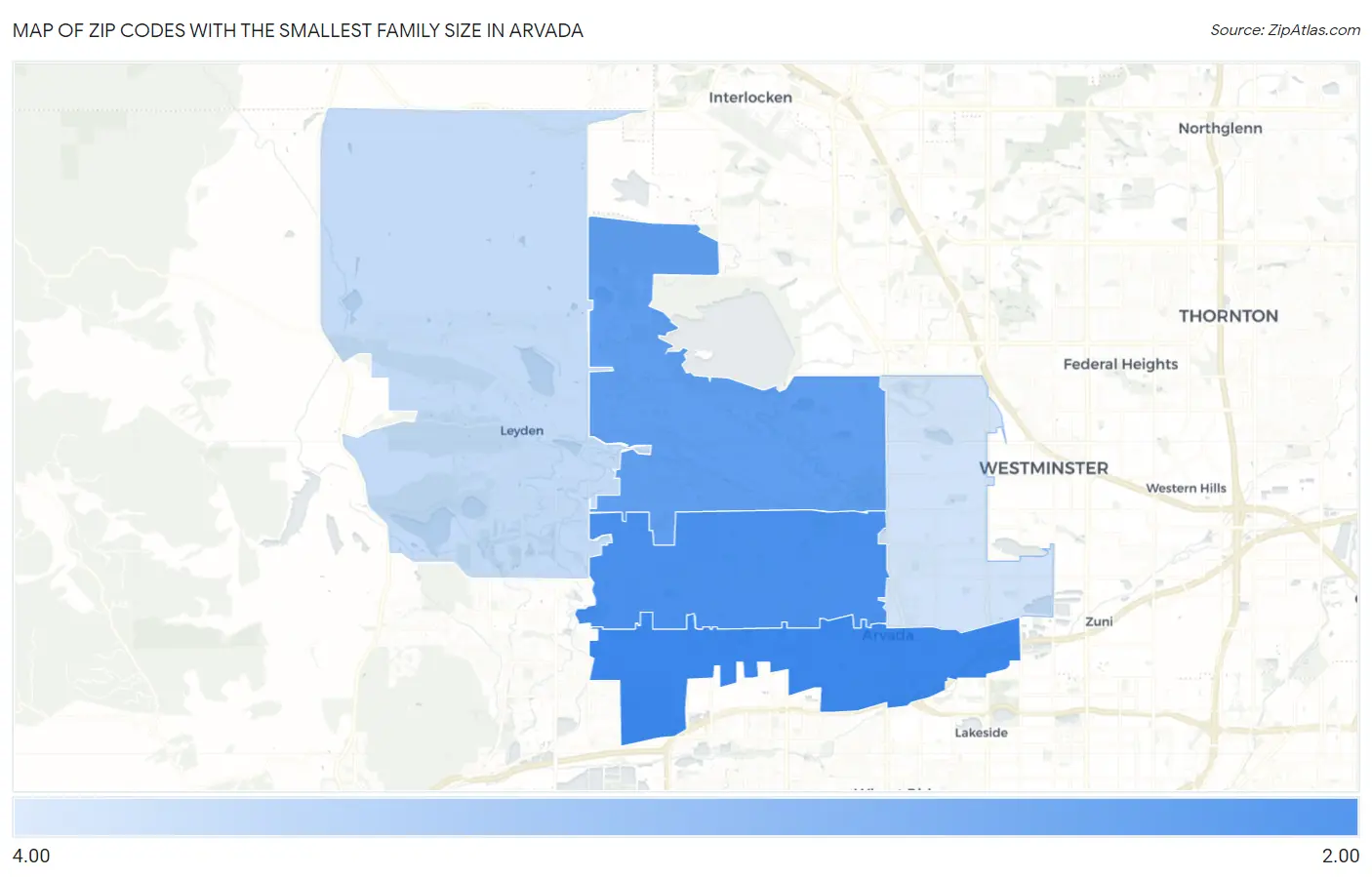 Zip Codes with the Smallest Family Size in Arvada Map