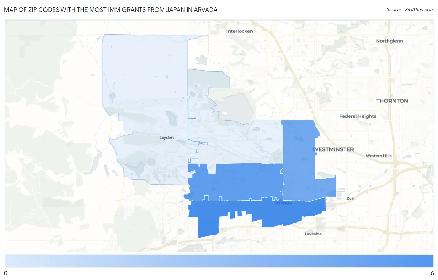 Zip Codes with the Most Immigrants from Japan in Arvada Map