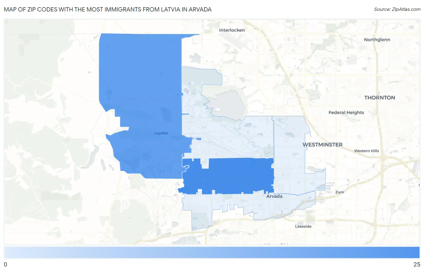 Zip Codes with the Most Immigrants from Latvia in Arvada Map