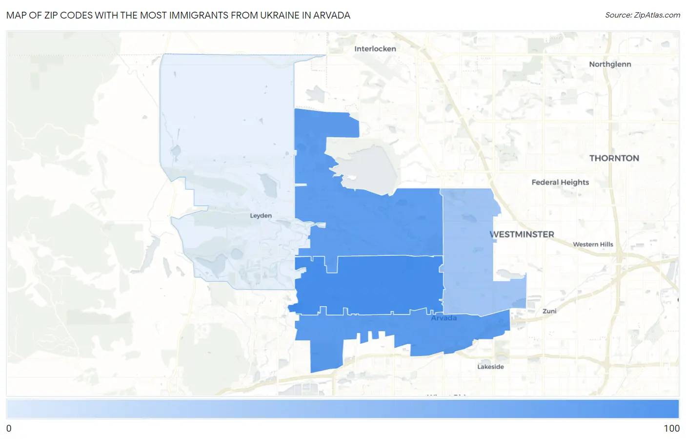 Zip Codes with the Most Immigrants from Ukraine in Arvada Map