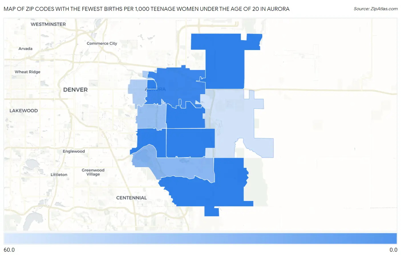 Zip Codes with the Fewest Births per 1,000 Teenage Women Under the Age of 20 in Aurora Map
