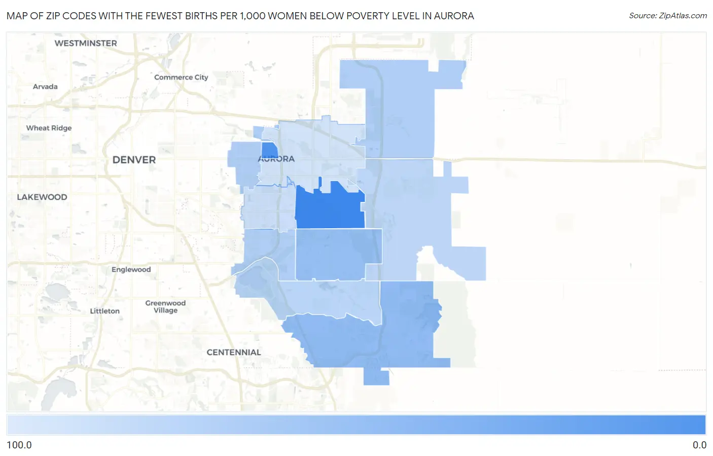 Zip Codes with the Fewest Births per 1,000 Women Below Poverty Level in Aurora Map