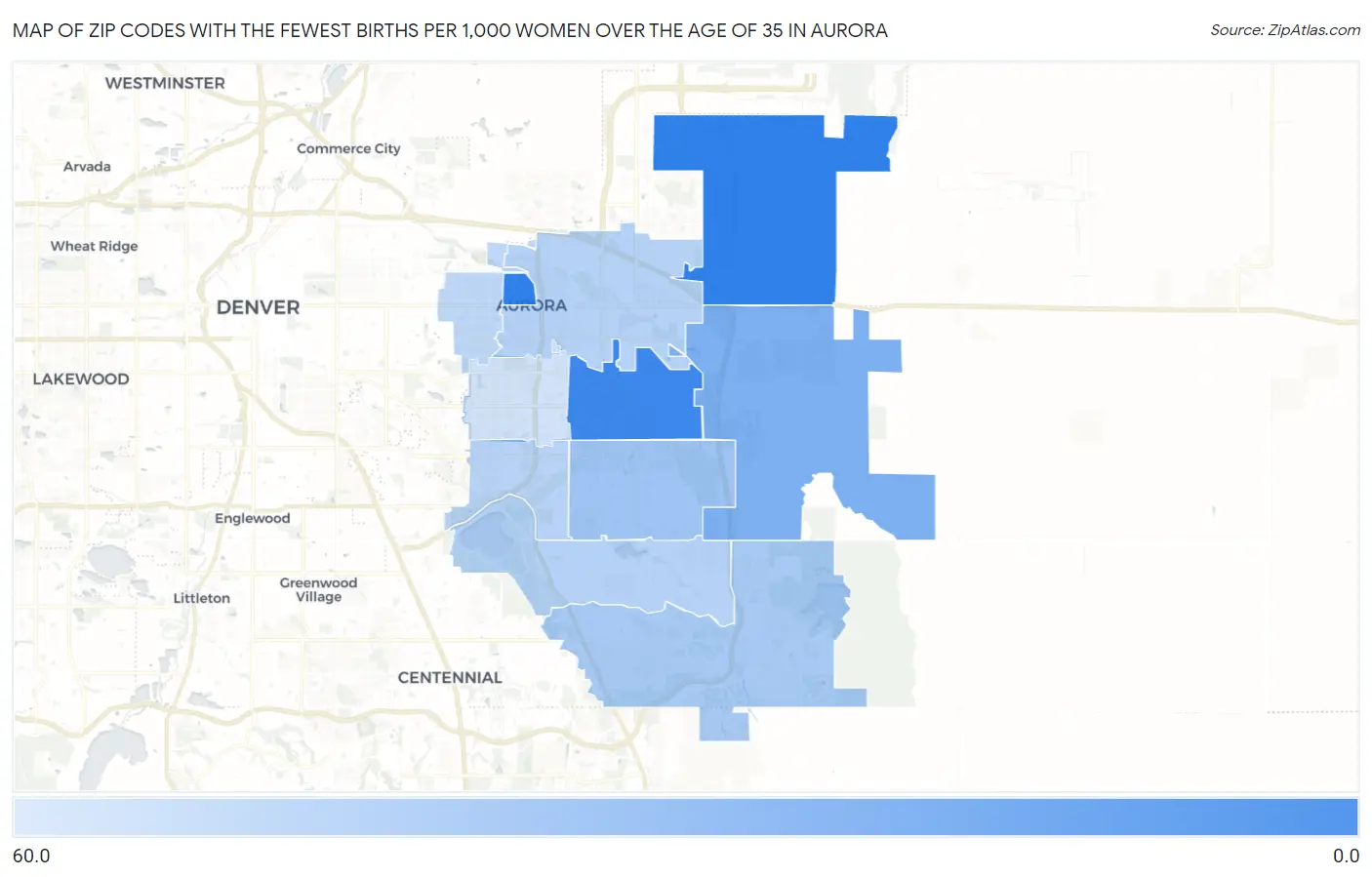 Zip Codes with the Fewest Births per 1,000 Women Over the Age of 35 in Aurora Map