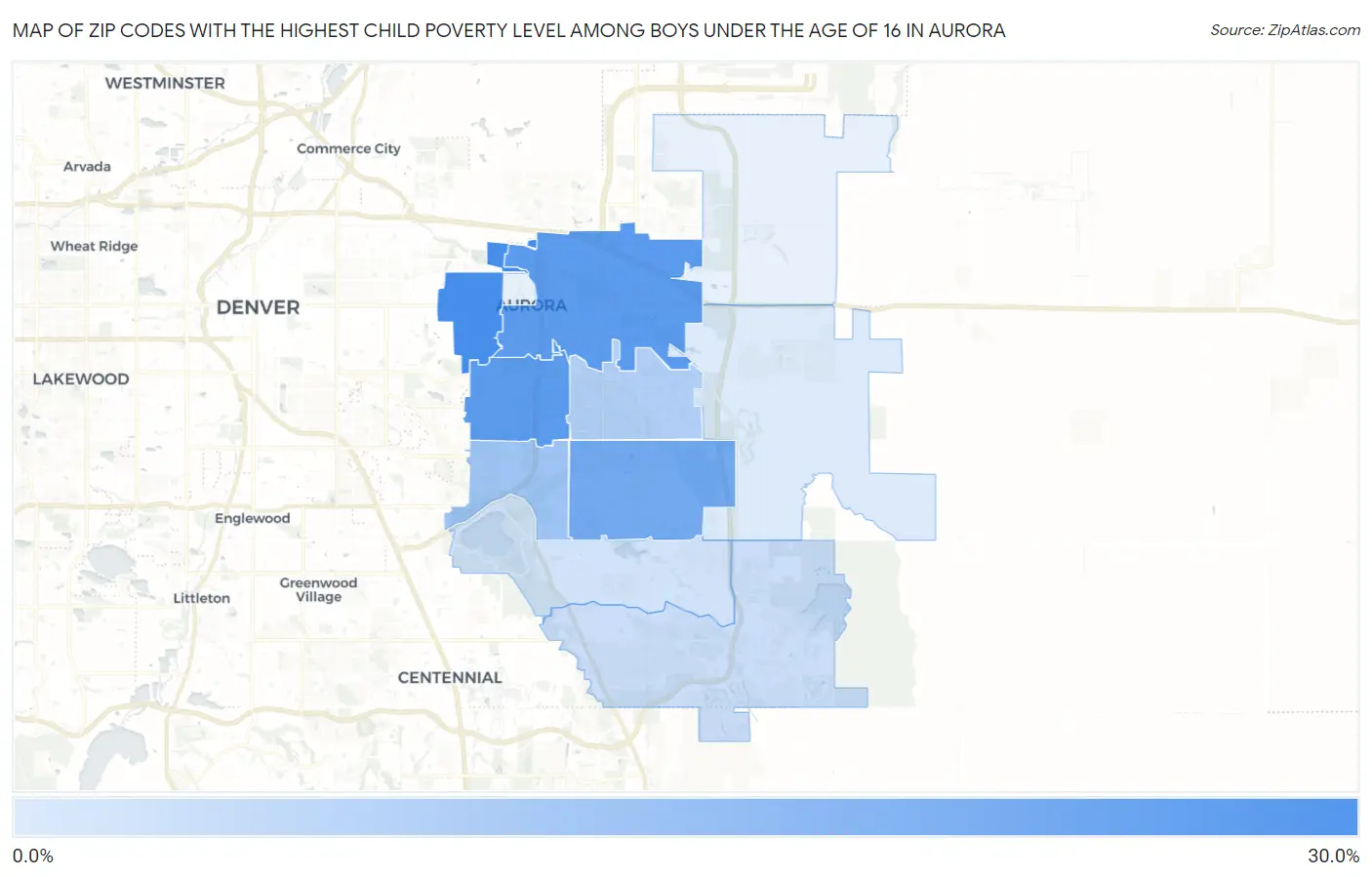 Zip Codes with the Highest Child Poverty Level Among Boys Under the Age of 16 in Aurora Map